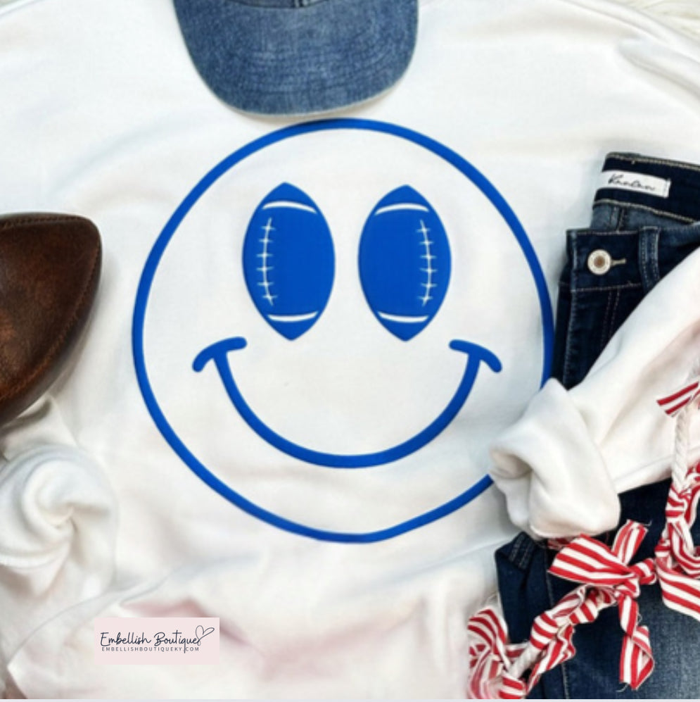Blue Smiley Football - PUFF tee, sweatshirt or hoodie