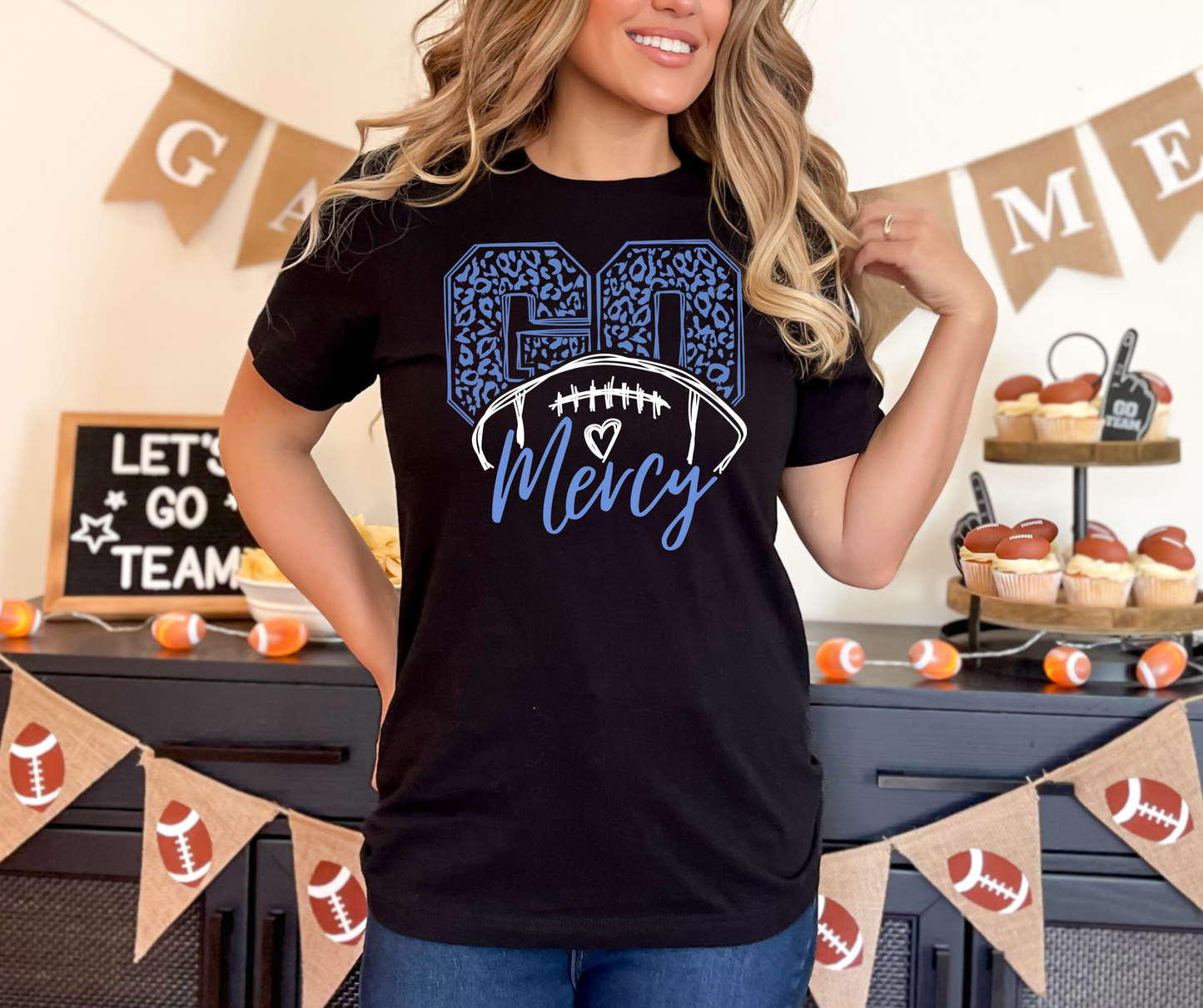 Go Mercy - Leopard Football - 3 colors to choose from - tee, sweatshirt or hoodie