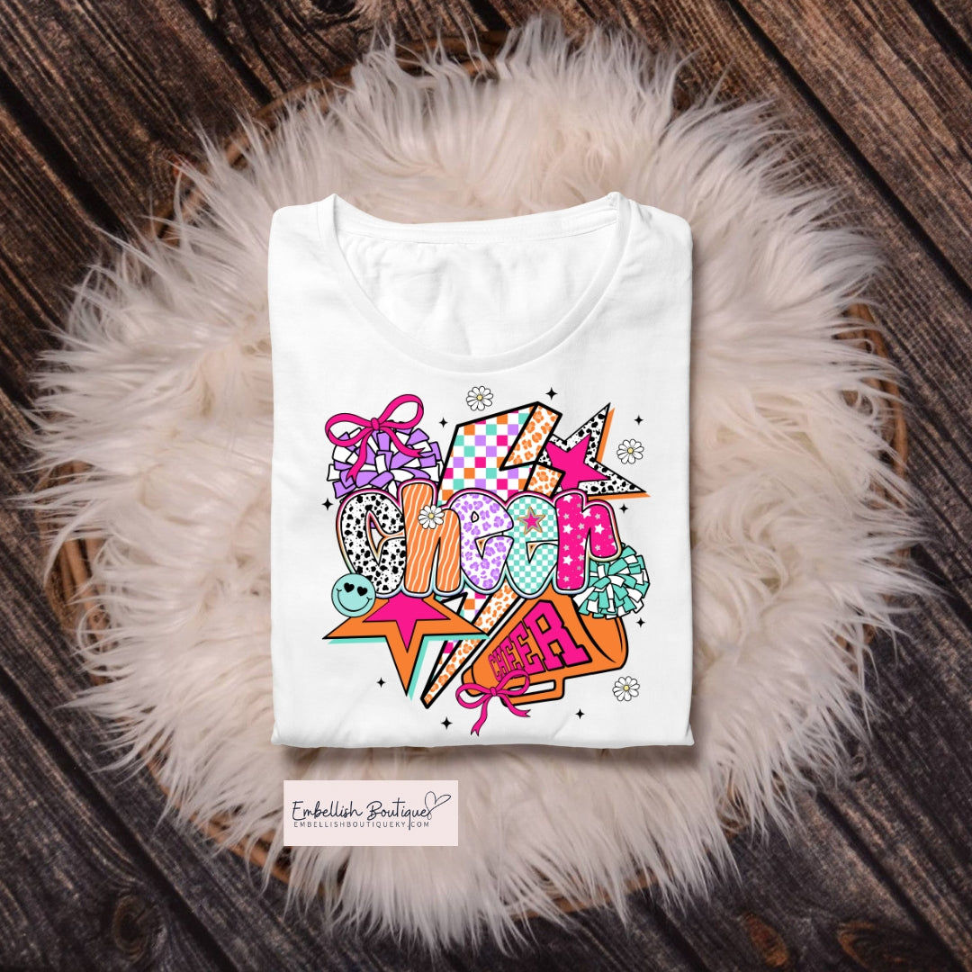 Colorful Checkered CHEER - youth and adult tee, sweatshirt or hoodie