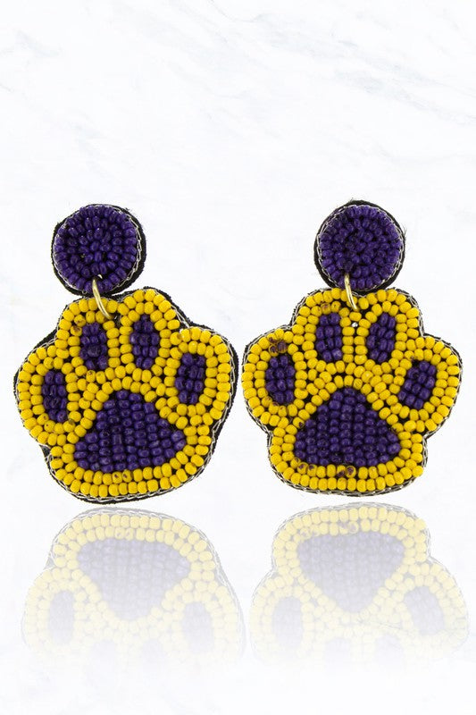 Paw Print Seed Beaded Earrings - Blue/White, Yellow/Purple, Black/Red WS