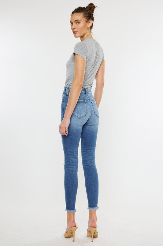 High Rise Fray Hem Ankle Skinny Jeans