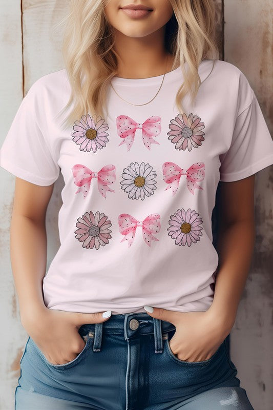 Coquette Pink Bow Daisy Flower Boho Graphic Tee