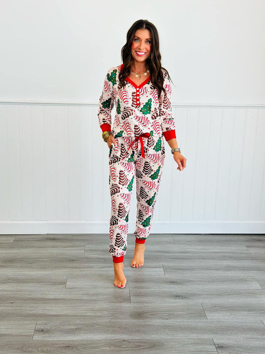 Long Sleeve Women Jogger PJ Set -#4-Tree Cake