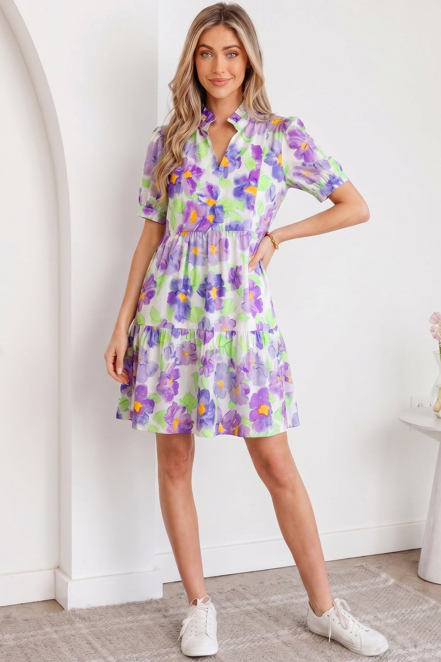 Floral Collared V-Neck Tiered Ruffle Mini Dress