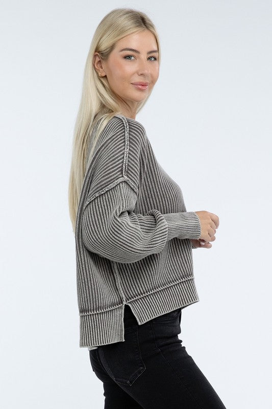 Washed Side Slit Oversized Cropped Sweater