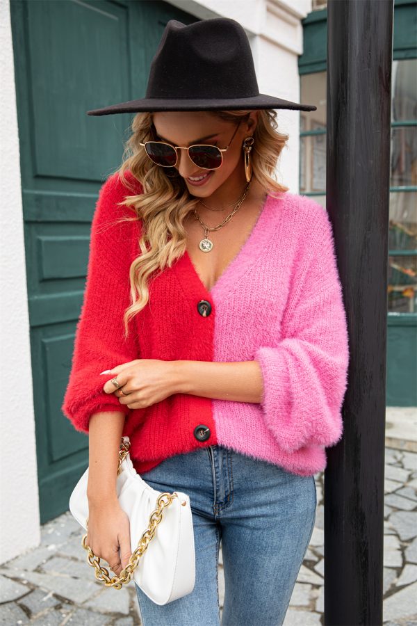 2 Tone Color Block Fuzzy  Sweater Cardigan