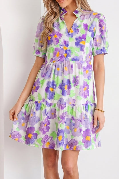 Floral Collared V-Neck Tiered Ruffle Mini Dress
