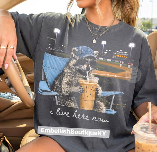 I live here - baseball raccoon tee