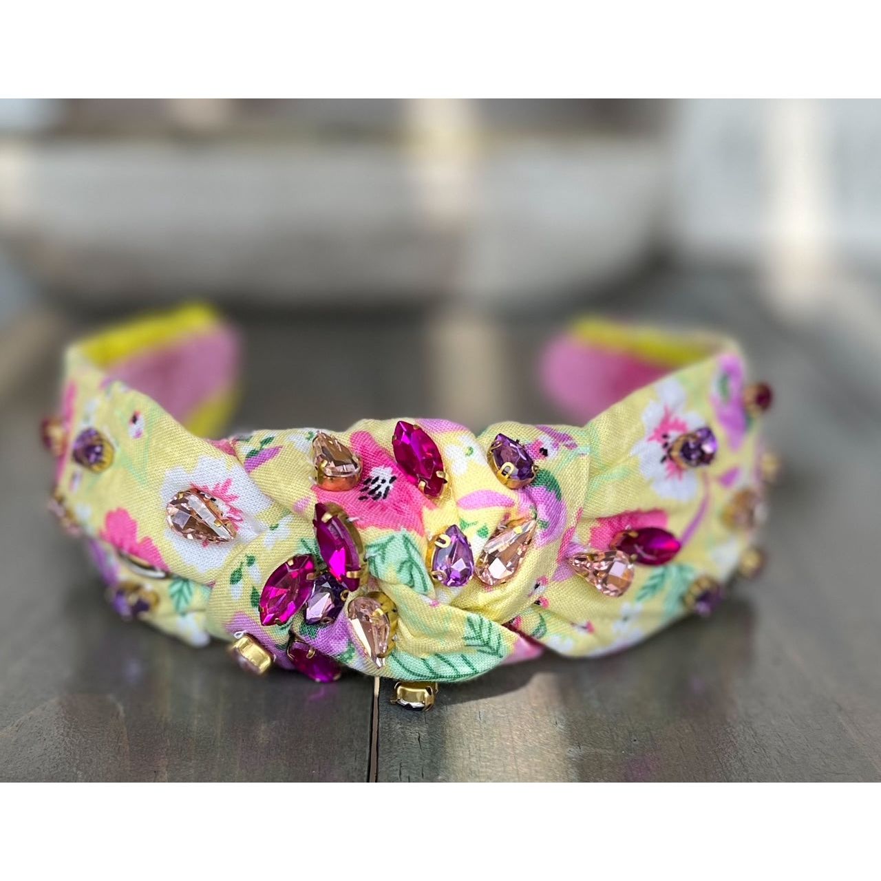 Manteo Jewel Yellow and Pink Pansies Top Knot Rhinestone Handmade Headband WS