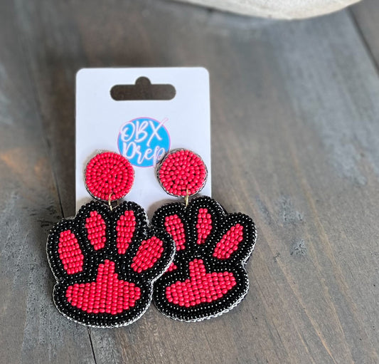 Paw Print Seed Beaded Earrings - Blue/White, Yellow/Purple, Black/Red WS