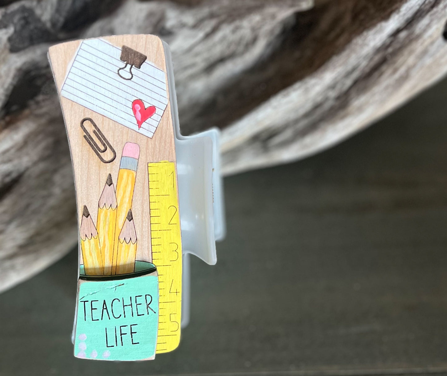 Teacher Life Pencils and Desk Hand Painted Wooden Hair Claw.