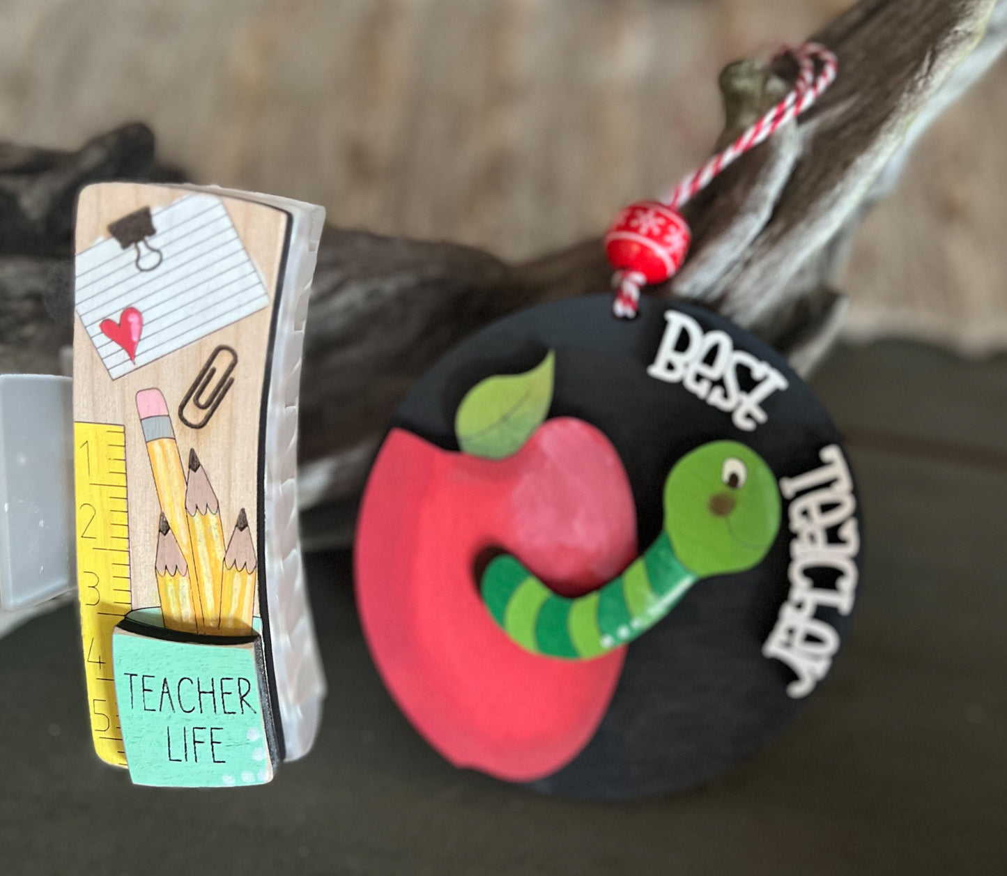 Teacher Life Pencils and Desk Hand Painted Wooden Hair Claw.