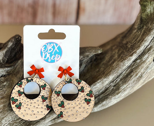 Holly Berry Hand Painted Round Bauble Dangle Earrings.