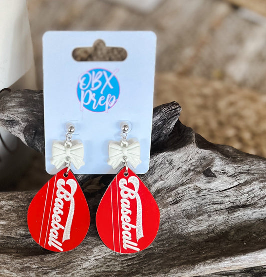 Hand-Painted "Baseball" Teardrop Coquette Bow  Earrings