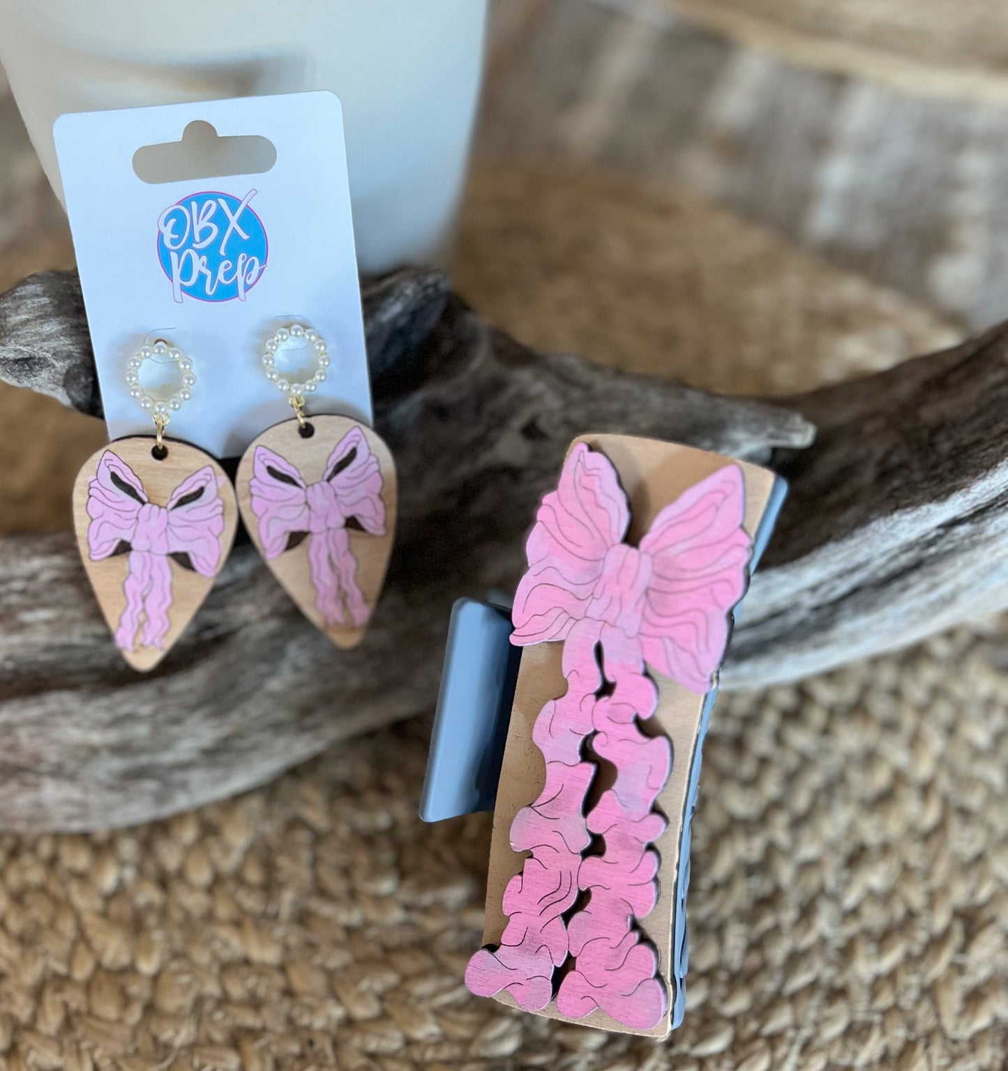 Hand-Painted Pink Bow Teardrop Wood Earrings with Faux Pearl Stud Toppers.