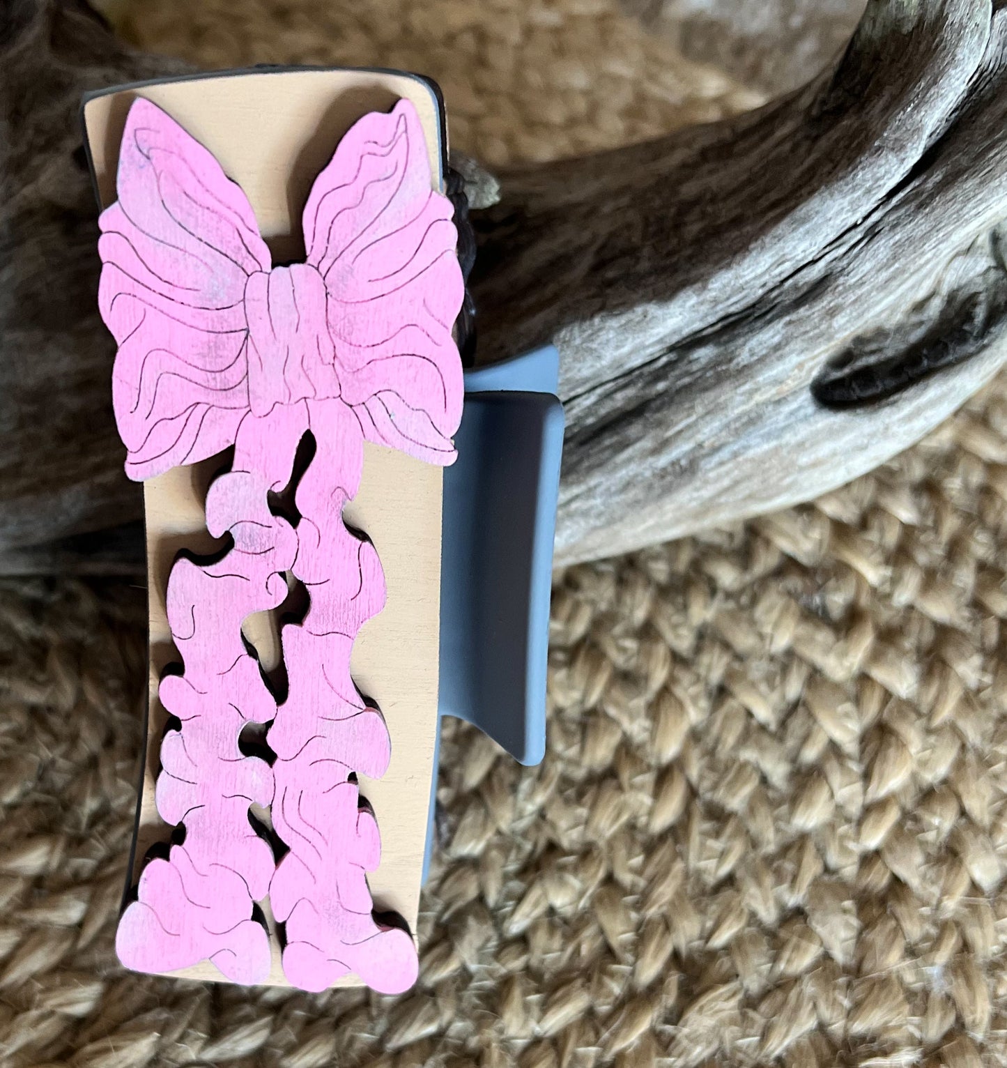 Hand-Painted Pink Bow Wood Hair Claws.