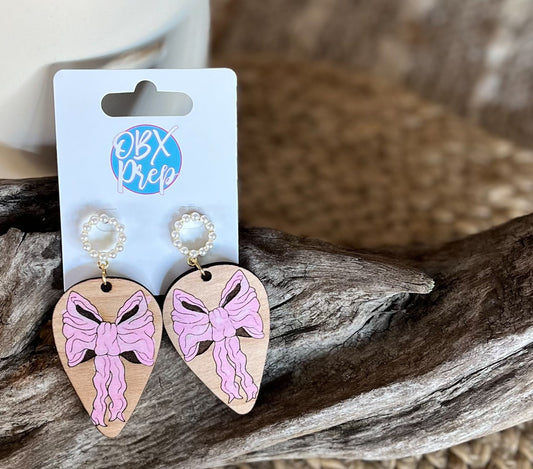 Hand-Painted Pink Bow Teardrop Wood Earrings with Faux Pearl Stud Toppers.