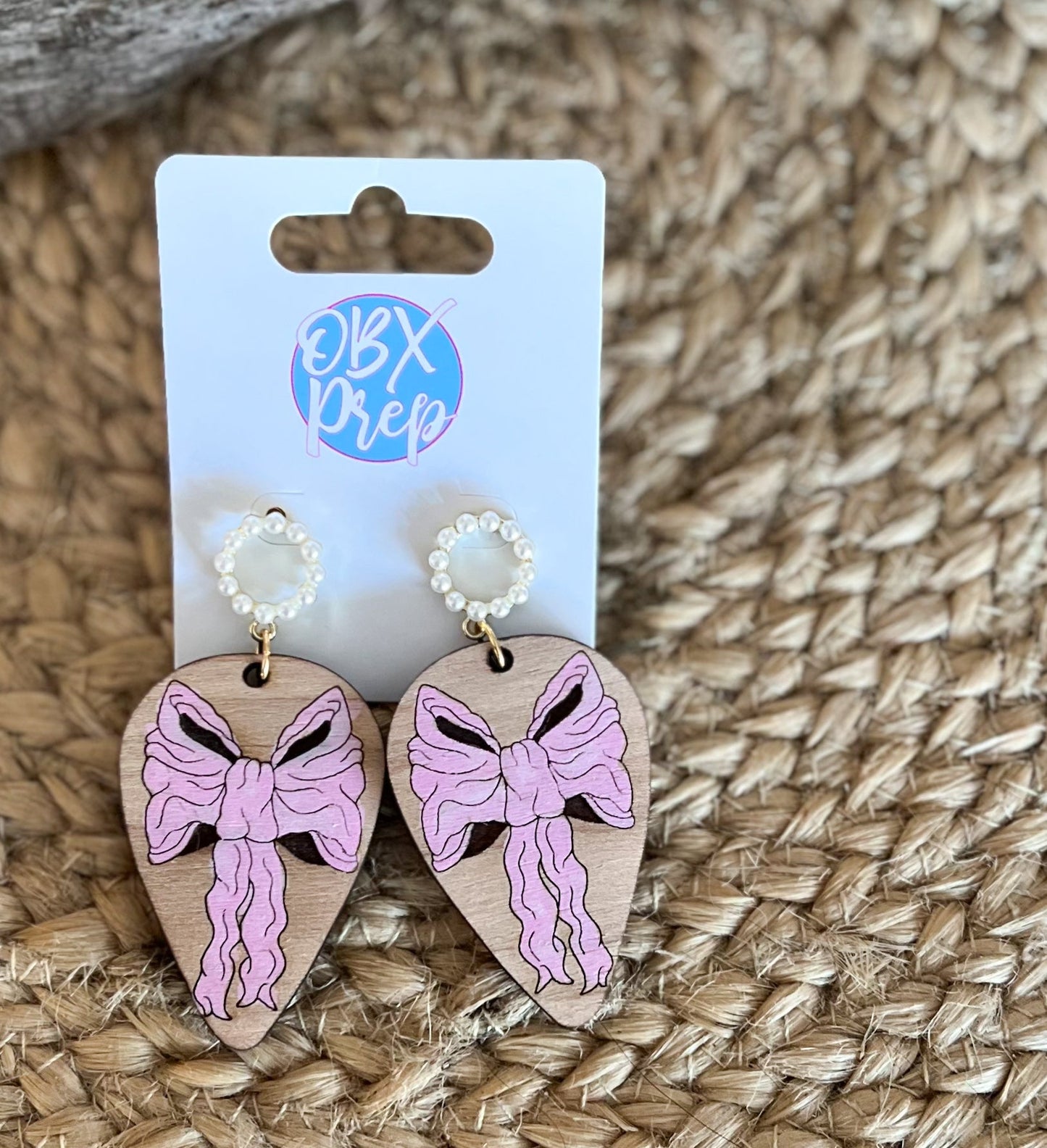 Hand-Painted Pink Bow Teardrop Wood Earrings with Faux Pearl Stud Toppers.