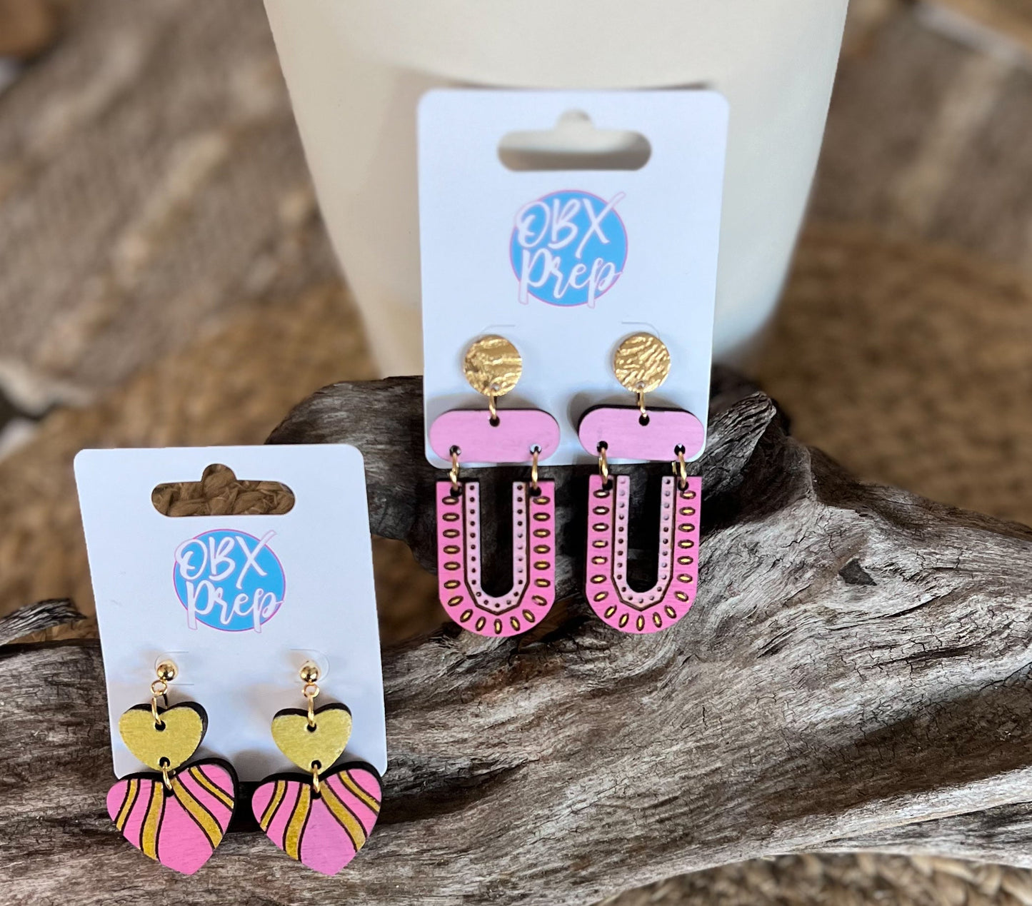 Hand-Painted Fuchsia Heart Earrings with Gold Metallic Stripes.