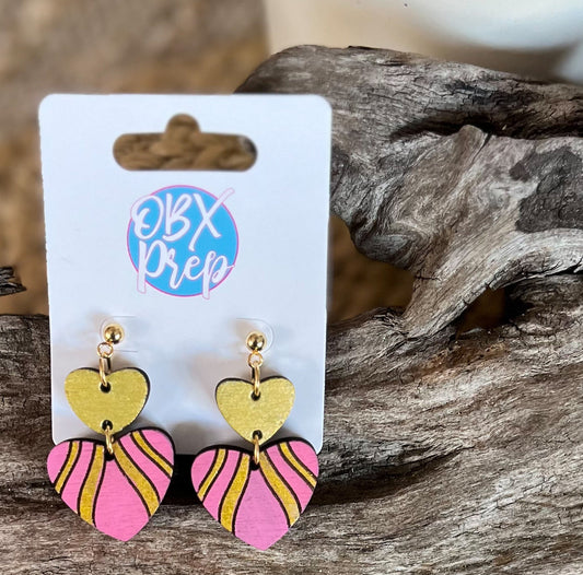 Hand-Painted Fuchsia Heart Earrings with Gold Metallic Stripes.