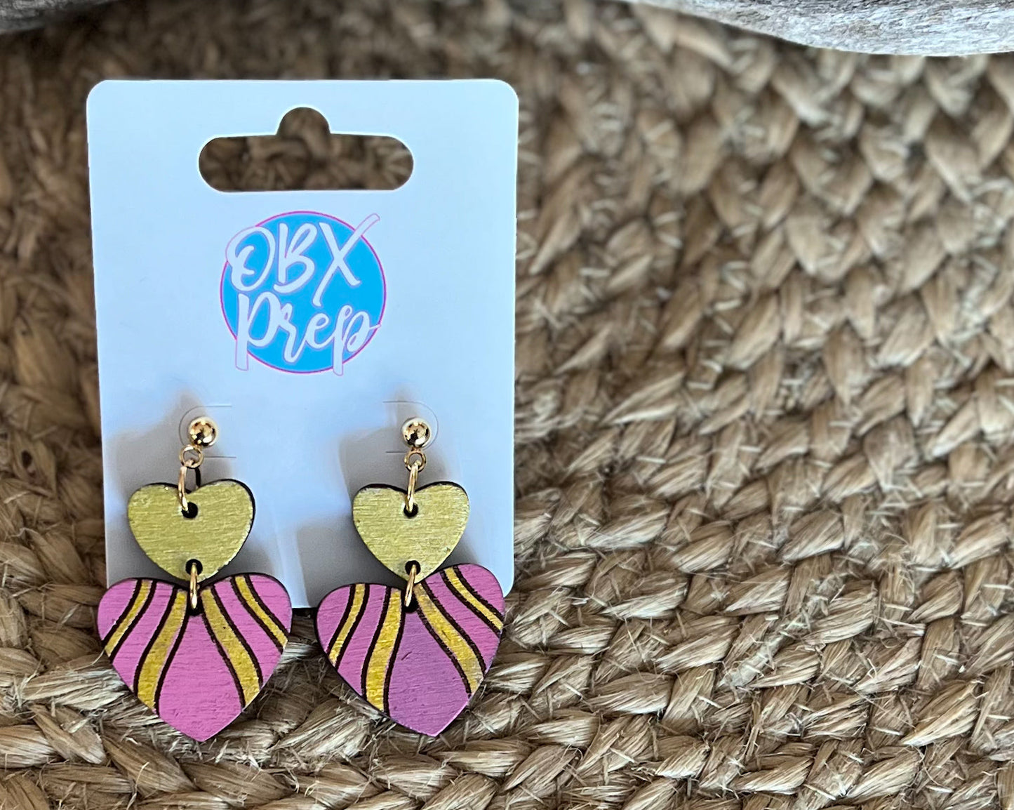 Hand-Painted Fuchsia Heart Earrings with Gold Metallic Stripes.