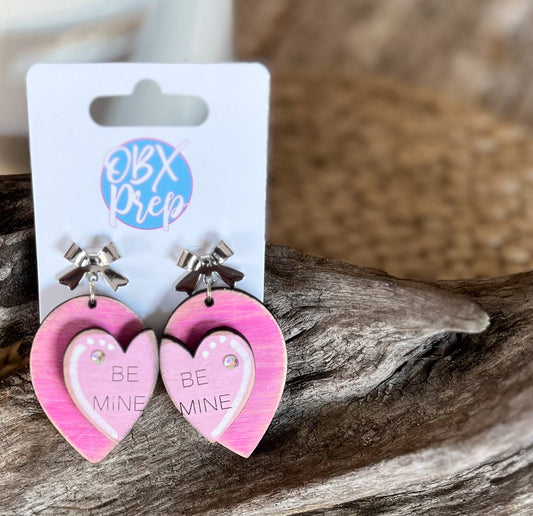 Hand-Painted Valentine's Day "Be Mine" Conversation Heart Earrings with Silver Bow Stud Toppers.