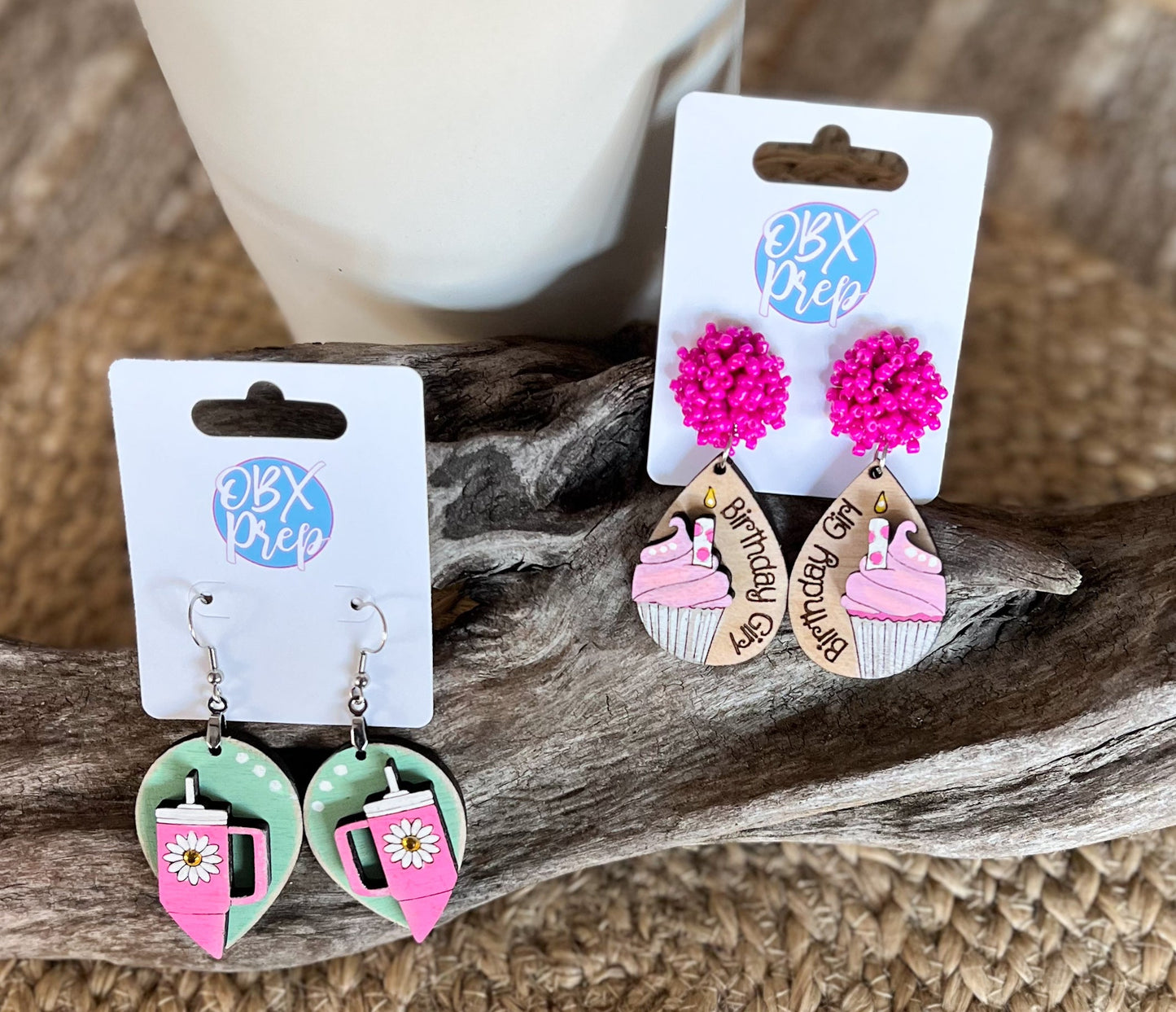 Hand-Painted Pink Tumbler Wood Earrings with Daisy and Rhinestones.