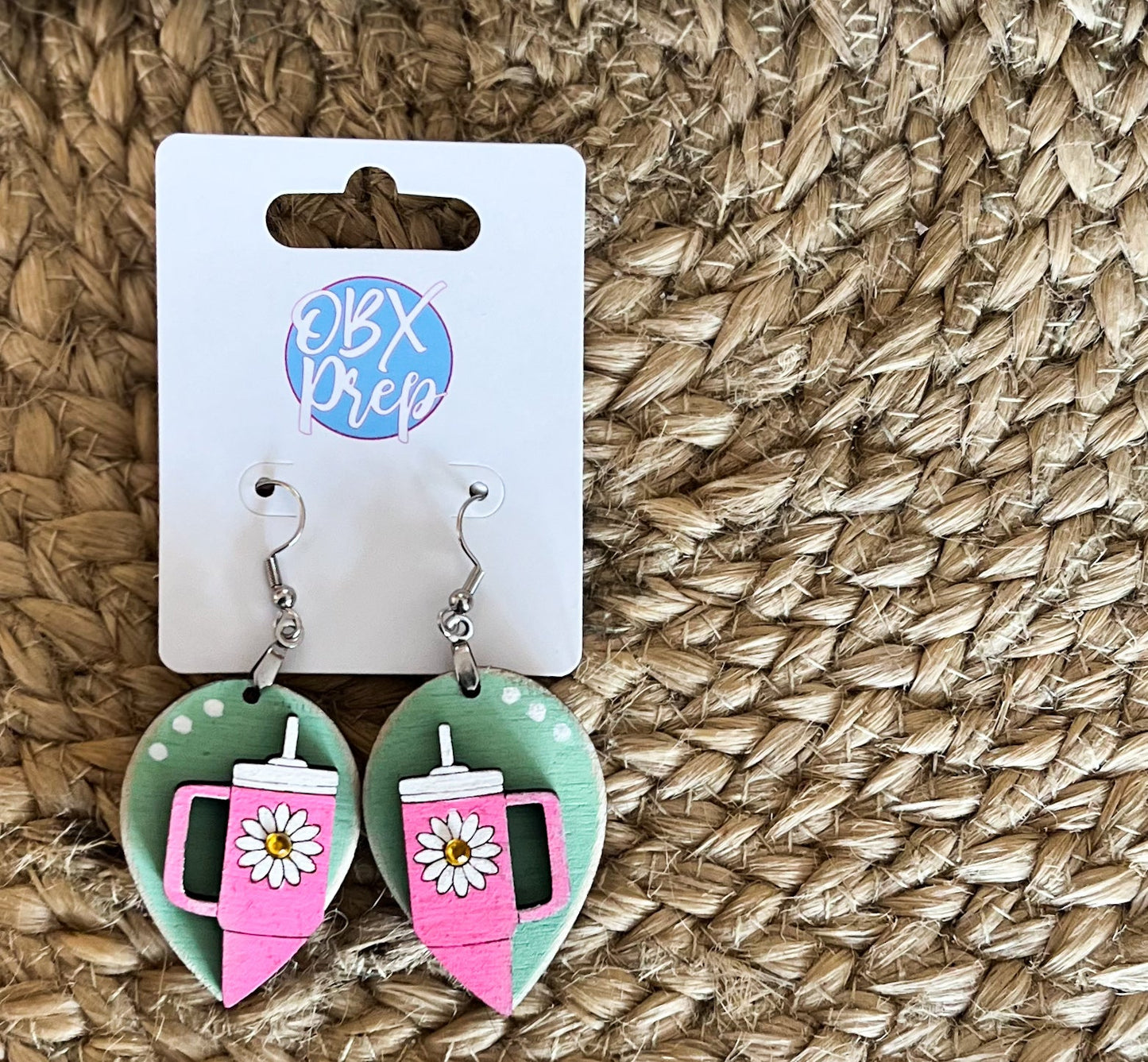 Hand-Painted Pink Tumbler Wood Earrings with Daisy and Rhinestones.