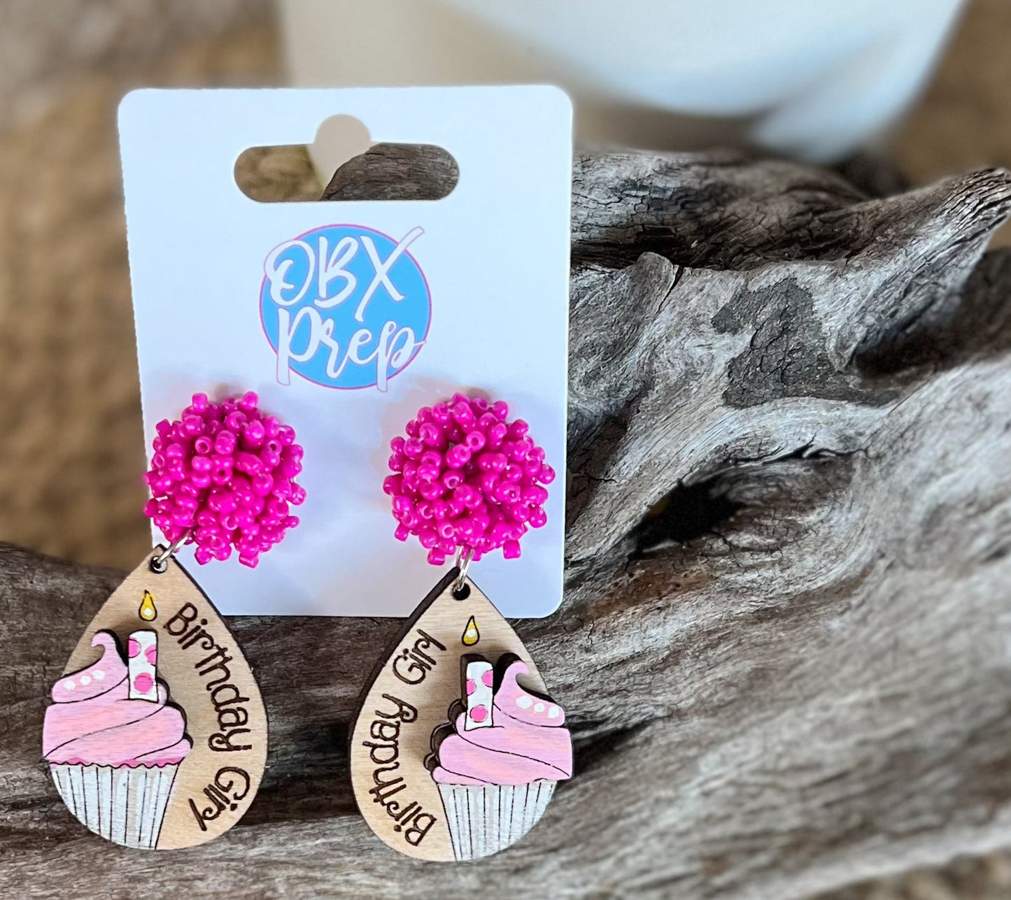 Hand-Painted "Birthday Girl" Cupcake Earrings with Fuchsia Seed Beaded Stud Toppers.