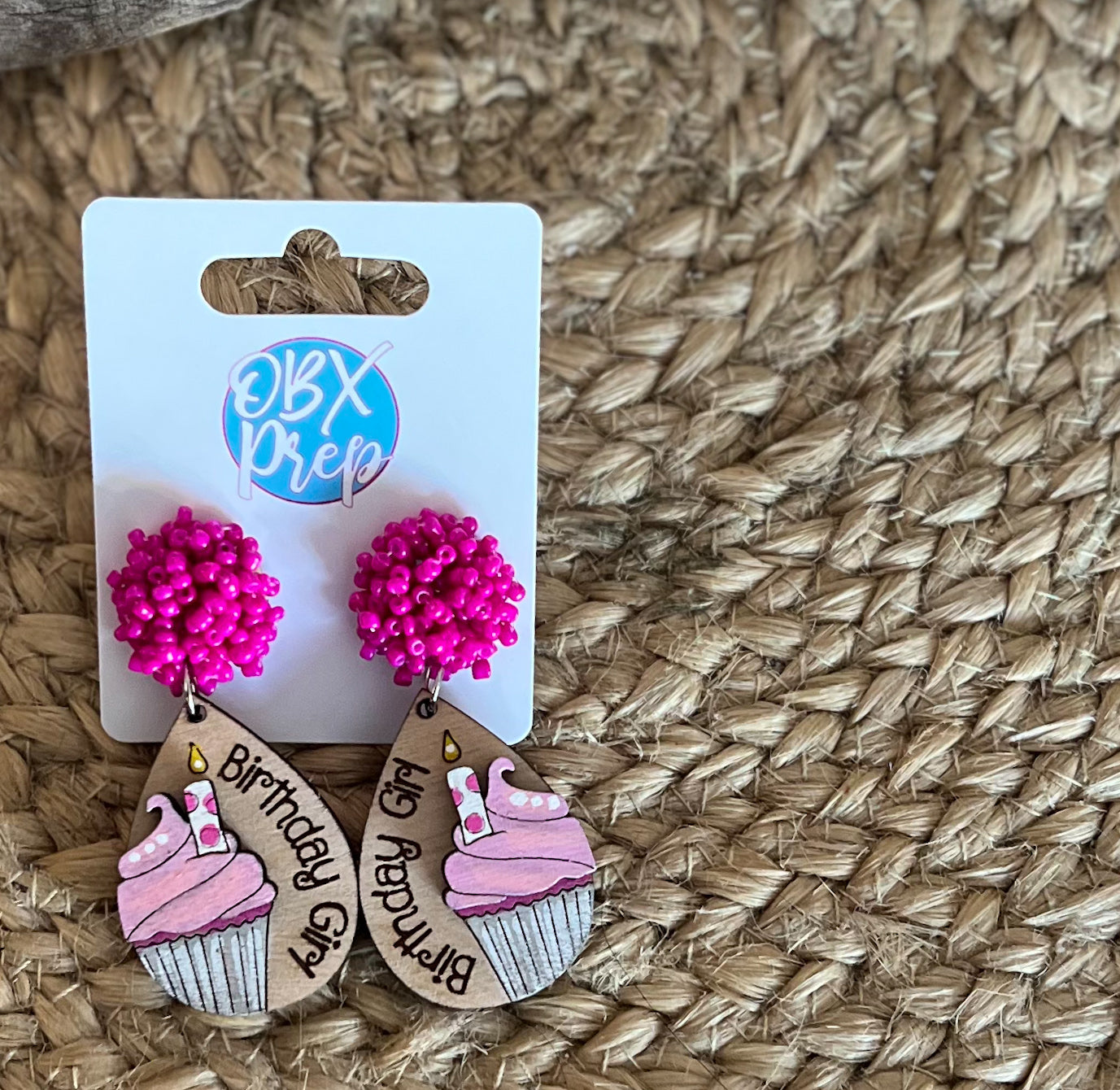 Hand-Painted "Birthday Girl" Cupcake Earrings with Fuchsia Seed Beaded Stud Toppers.