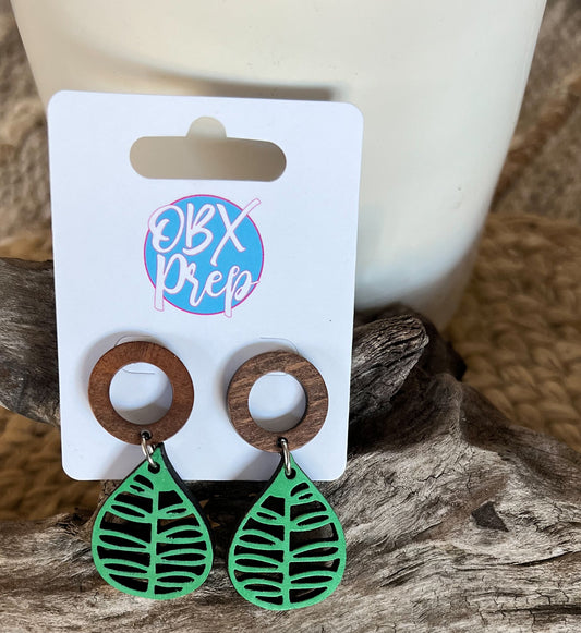 Hand-Painted Green Leaf Earrings with Hollow Circle Stud Toppers.