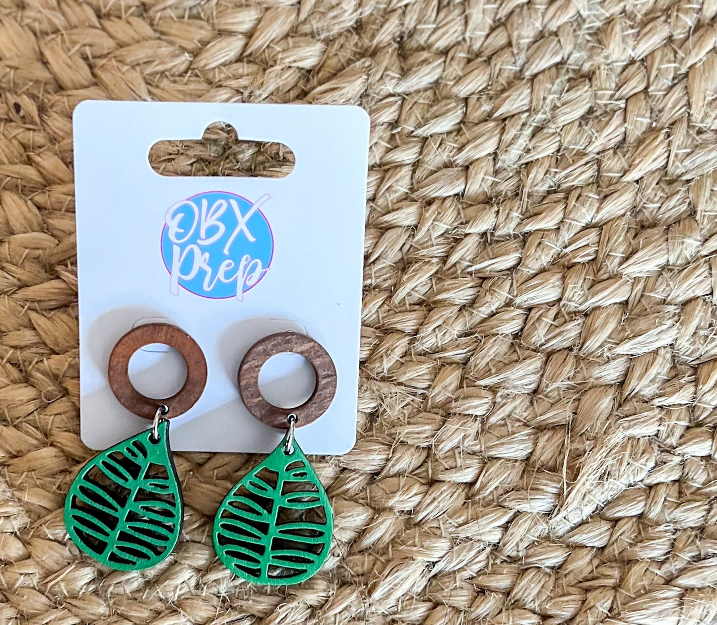 Hand-Painted Green Leaf Earrings with Hollow Circle Stud Toppers.