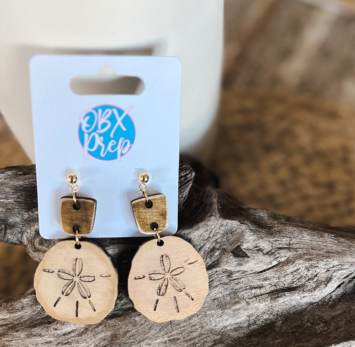 Hand-Painted Sand Dollar Wood Earrings with Gold Metallic Edging.