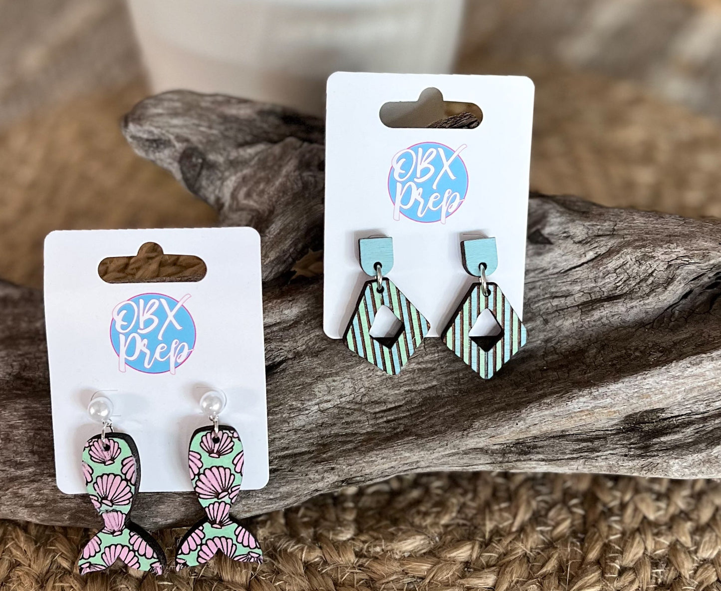 Hand-Painted Mermaid Tail Wood Earrings with Faux Pearl Stud Topper.