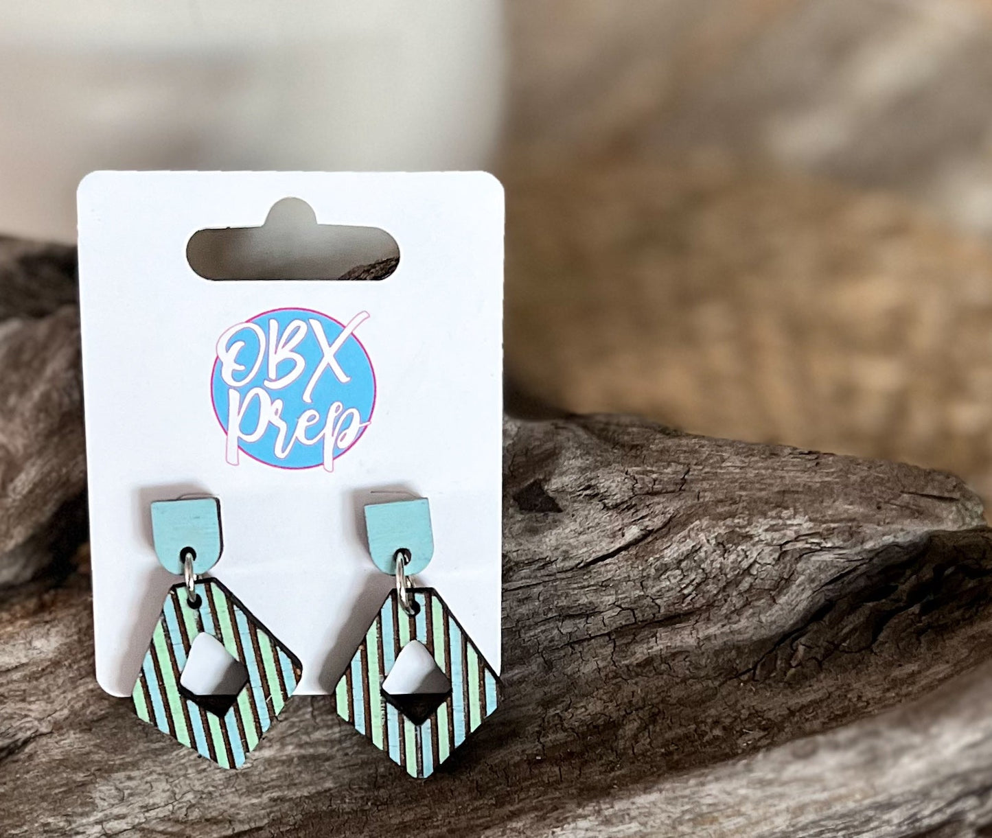 Hand-Painted Diamond-Shaped Coastal Blue Striped Earrings.