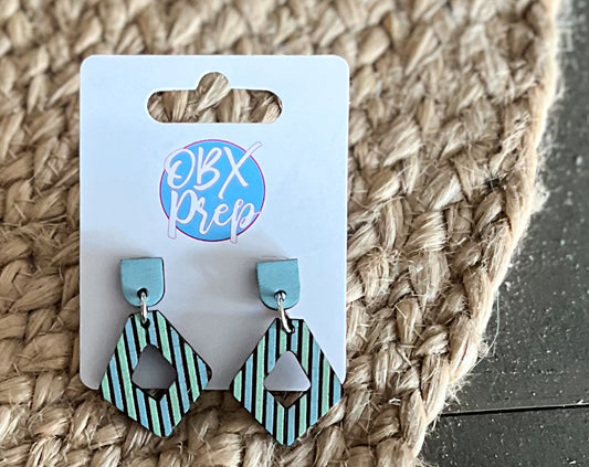 Hand-Painted Diamond-Shaped Coastal Blue Striped Earrings.