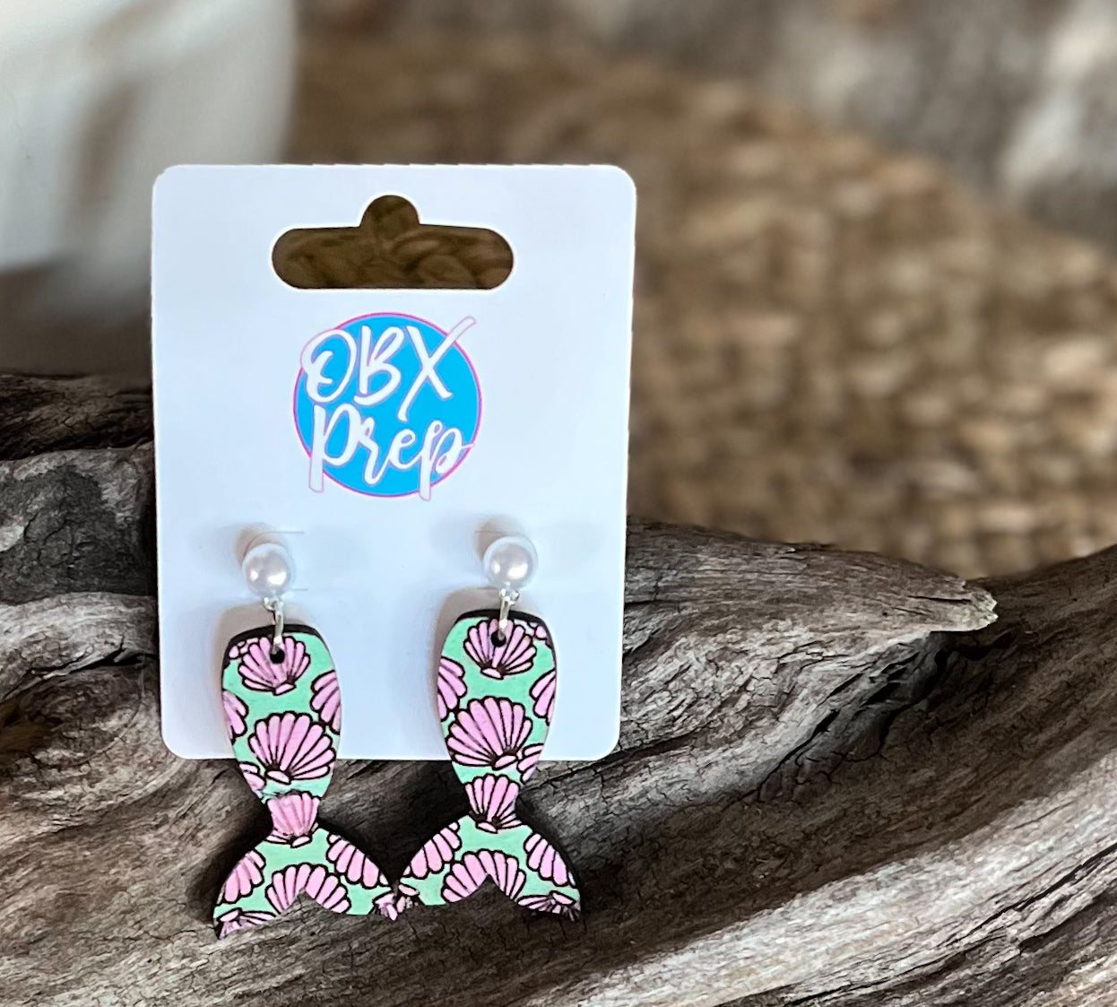 Hand-Painted Mermaid Tail Wood Earrings with Faux Pearl Stud Topper.