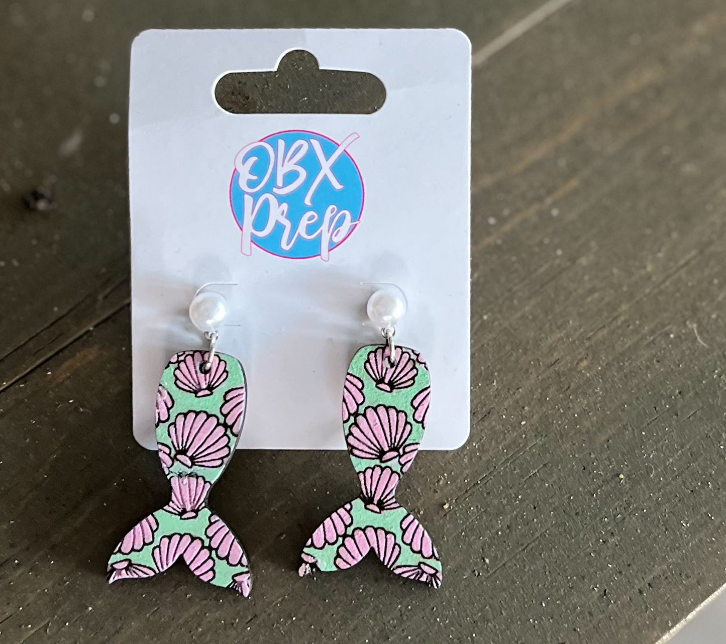 Hand-Painted Mermaid Tail Wood Earrings with Faux Pearl Stud Topper.