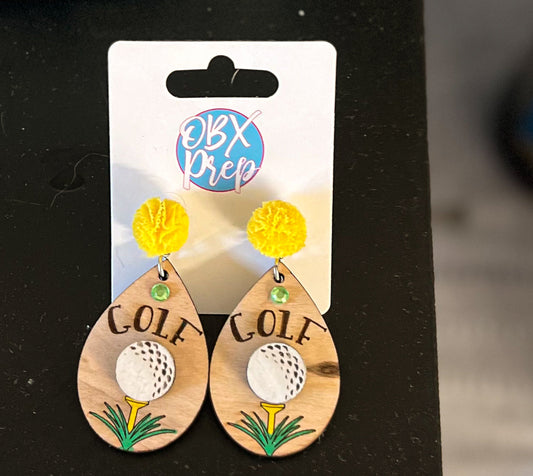 Hand-Painted Golf Wood Earrings with Woven Yellow Stud Toppers.