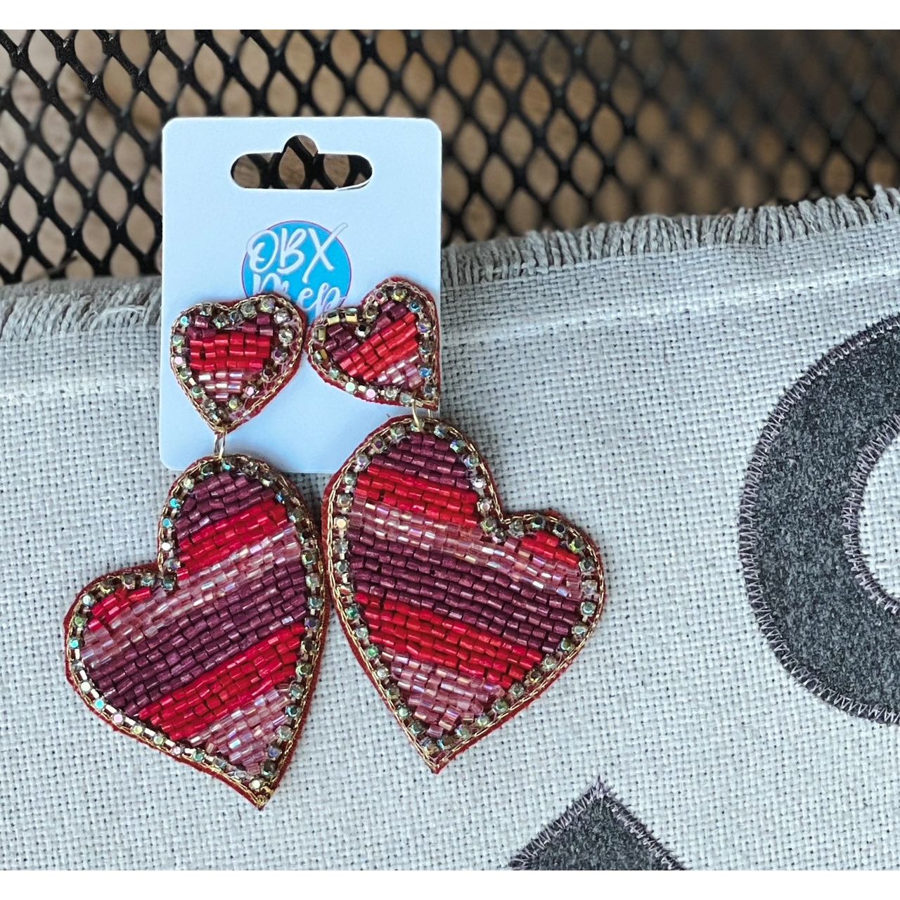 Double Heart Striped Seed Bead Earrings.