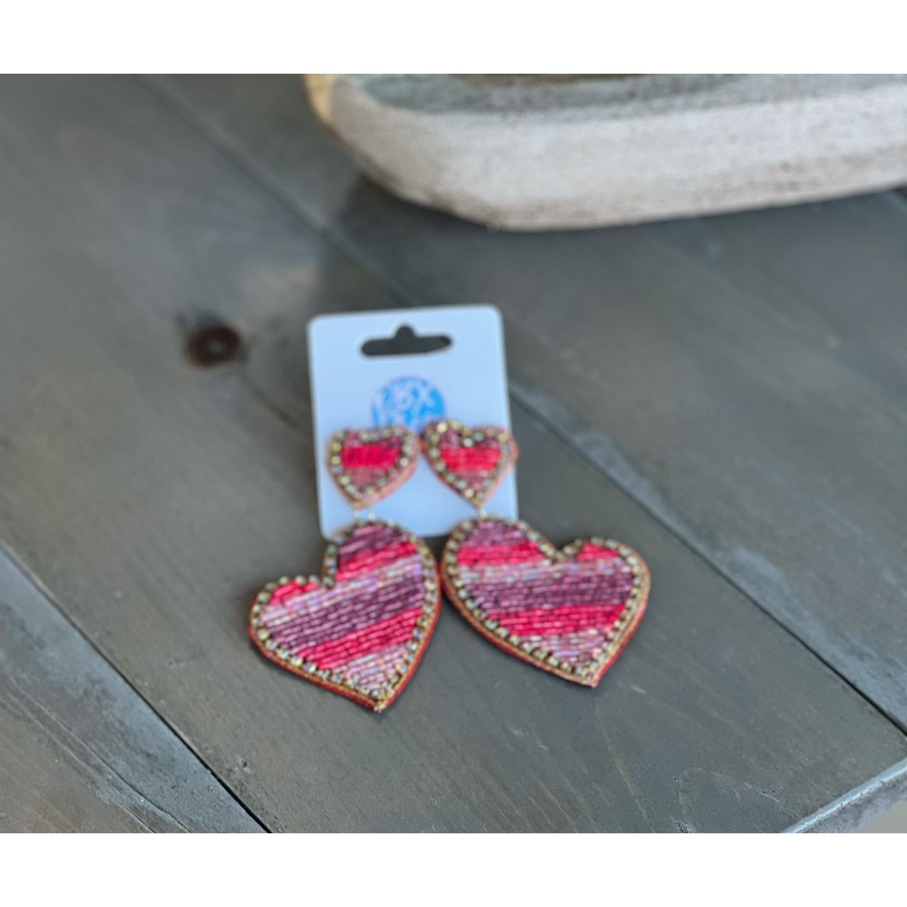 Double Heart Striped Seed Bead Earrings.