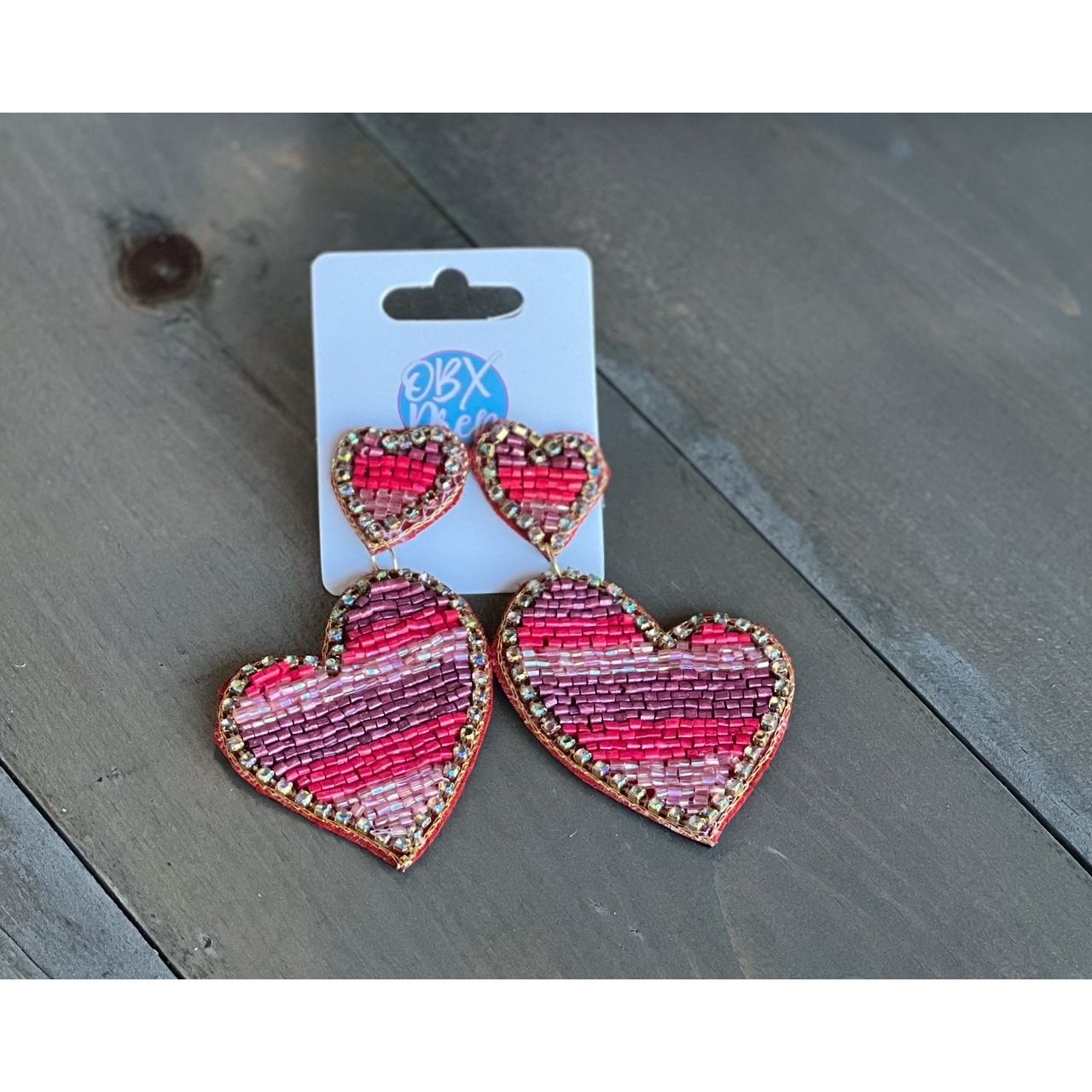 Double Heart Striped Seed Bead Earrings.