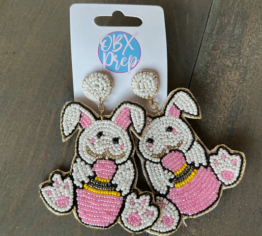 Easter Bunny with Egg Seed Beaded Dangle Earrings WS