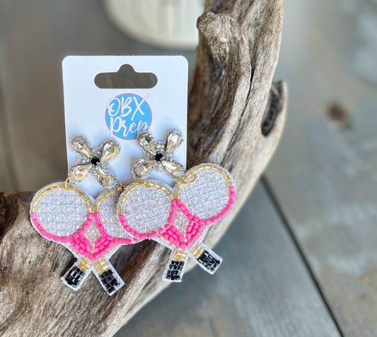 Pink Tennis Racquets Seed Beaded Drop Earrings WS