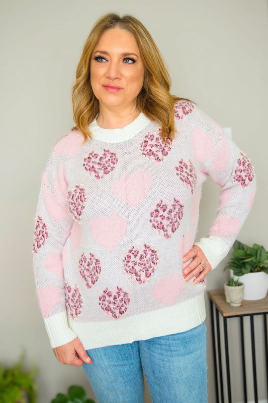 Leopard Heart Beaded Sweater