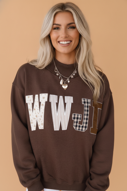 WWJD Embroidered Patchwork Mock Neck Sweatshirt