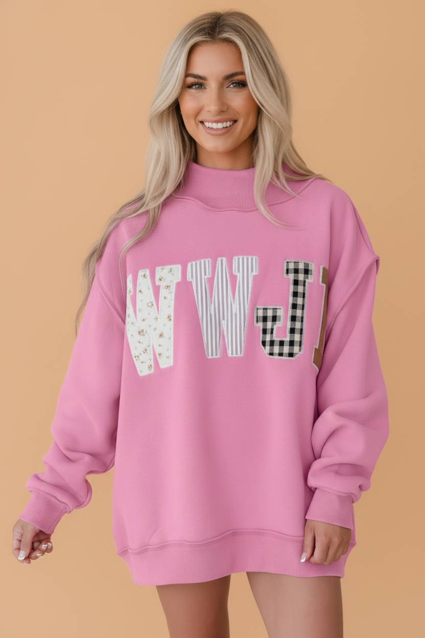 WWJD Embroidered Patchwork Mock Neck Sweatshirt