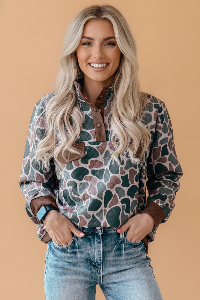 Retro Camouflage Colorblock Button Pullover Sweatshirt