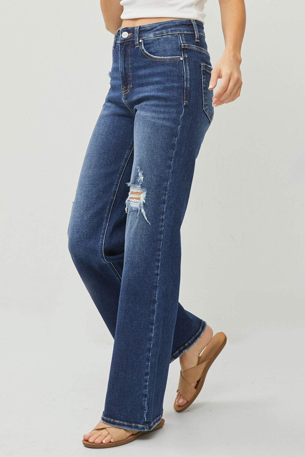 RISEN Full Size High Rise Distressed Wide Leg Jeans