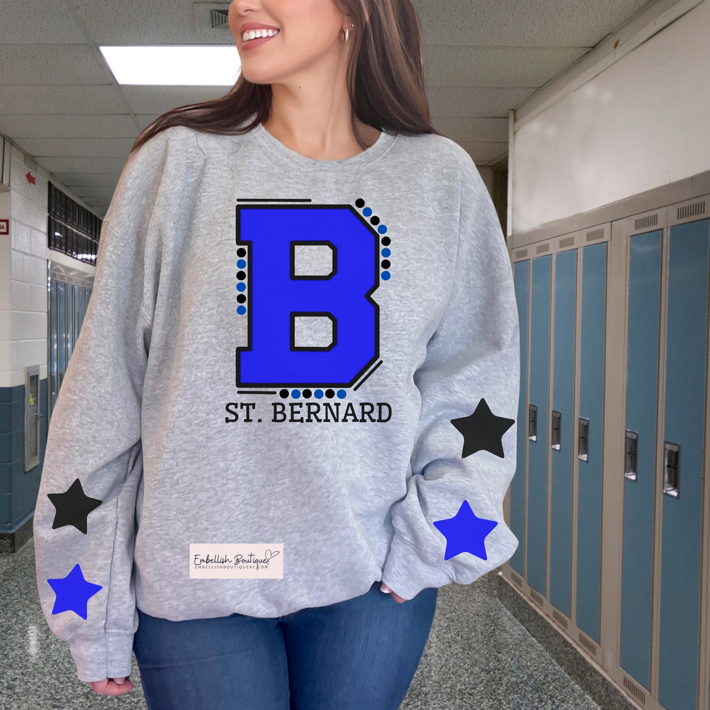 Royal Filled "B" St. Bernard - Star Sleeve Sweatshirt or Hoodie